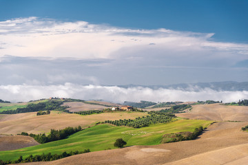  Die Crete Senesi ist eine beeindruckende Landschaft in der Toskana südlich von Siena. Sie ist geprägt von hügeligen Feldern.