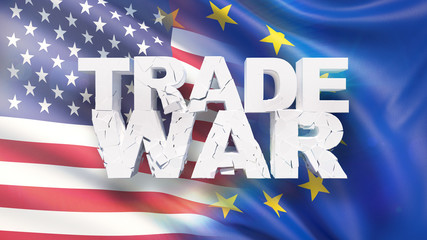 Wall Mural - Trade war concept. Cracked text on flag of USA and EU. 3D illustration.