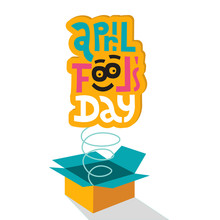 Illustration Celebrating April Fools' Day.Lettering Quote April Fools Day Springing Out Of Box. Jack In The Box Toy,Unique First April Day Slogan Stylized Typography.Funny Card For Party, Social Media