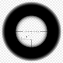 Realistic Sniper Scope Sight. Sniper Scope With Measurement Marks On Transparent Background. Black Overlay In Sniper Scope Crosshairs View. Realistic Military Optical Sight.