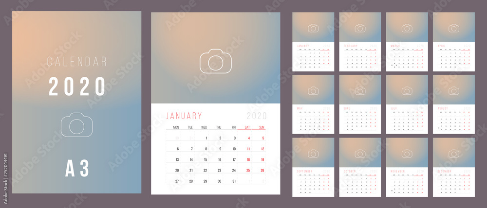 Calendar 2020. Week Starts on Monday. - obrazy, fototapety, plakaty 