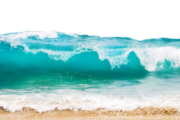 Wall Mural - blue and aquamarine color sea waves and yellow sand with white foam isolated on white background. ma