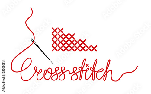 Cuadros en Lienzo Vector cross stitches with needle and cross-stitch word made of thread isolated