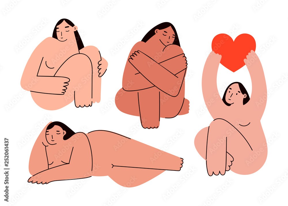Beautiful plus size women in various poses. Body positive concept. Attractive overweight girls. For Fat acceptance movement. Hand drawn vector illustration in trendy style. All elements are isolated - obrazy, fototapety, plakaty 