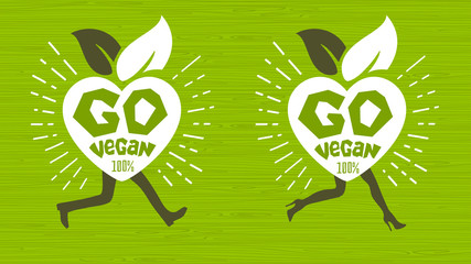 Go vegan healthy ecology emblem logo design lettering fresh green leaves concept icon label sticker design. Bright stylish hearts walking running legs leaves Hand drawn vector illustration