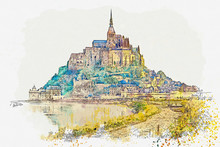 Watercolor Sketch Or Illustration Of A Beautiful View Of The Cathedral Of Mont Saint-Michel In France