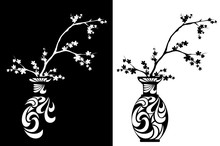 Blooming Cherry Tree Branches In A Traditional Japanese Vase - Sakura Blossom Black And White Vector Design Set