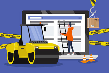 Web design and development. Site under construction. Young professional working on a landing page. Flat vector illustration, clip art. Millennials at work. Asphalt paver. Digital creative industry.