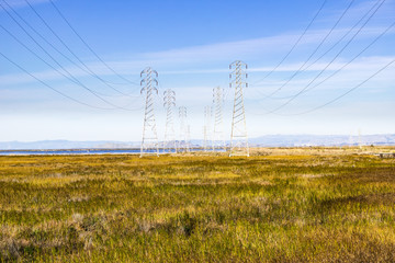 Wall Mural - Electricity towers in the south of San Francisco bay, Mountain View, California