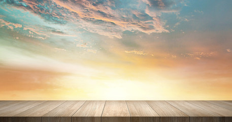 Wall Mural - wood table top scene sky background for display and presentation