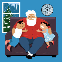 Elderly Man Sitting In A Chair, Hugging His Grandchildren, EPS 8 Vector Illustration