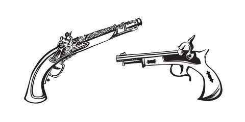 Hand drawn vintage gun. Retro revolver, pistol. Hand drawn sketch illustration. Vector black ink drawing isolated on white background