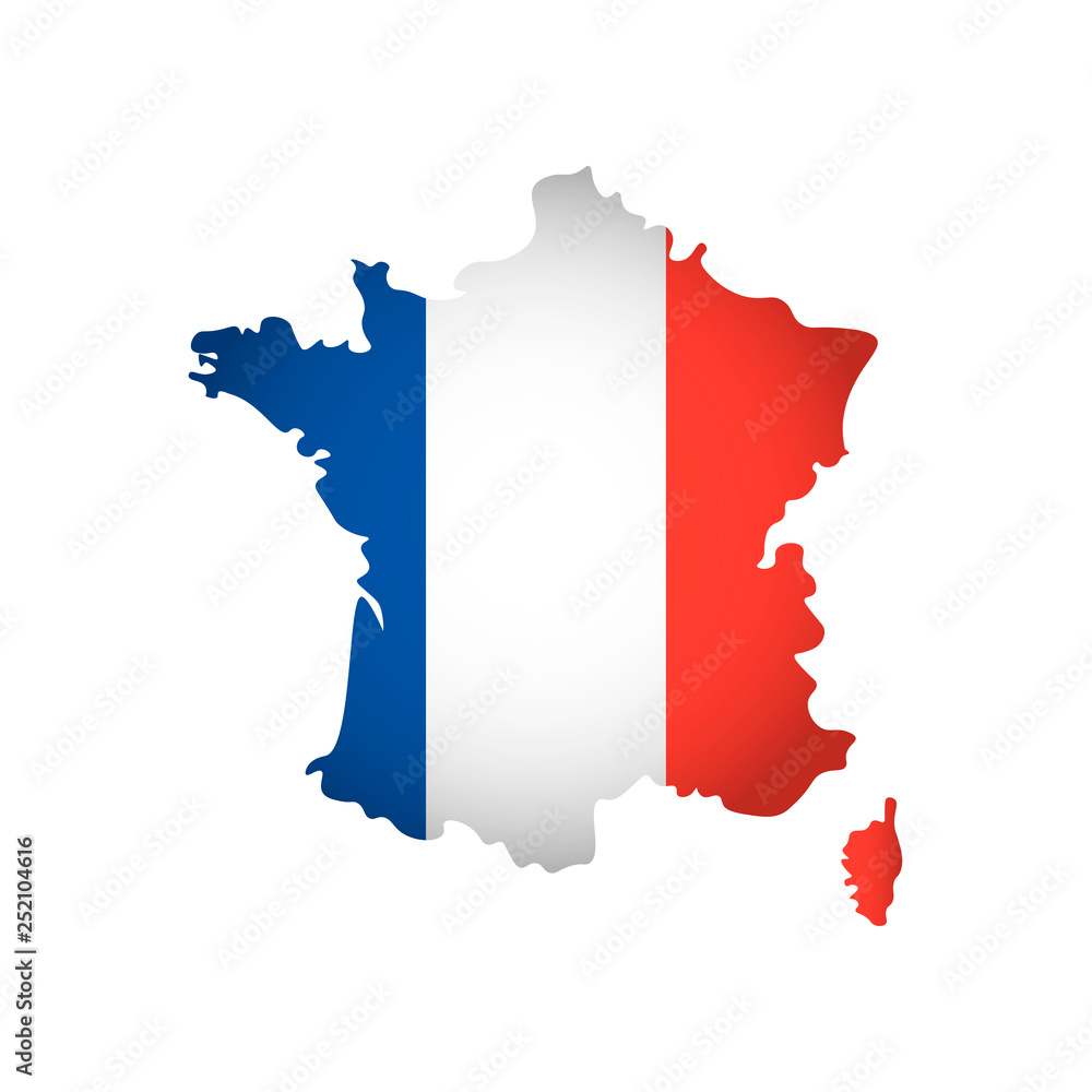 Vector isolated simplified illustration icon with silhouette of France map. National French flag (blue, white, red colors). White background - obrazy, fototapety, plakaty 