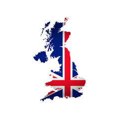 Wall Mural - Vector isolated illustration icon with silhouette of United Kingdom of Great Britain and Ireland map. National british flag with cross (red, white, blue colors). White background
