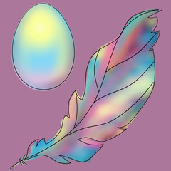 Poster - Easter egg and feather on a pink or violet background. Greeting cards for Easter, print and poster. Holiday concept. Game of color.