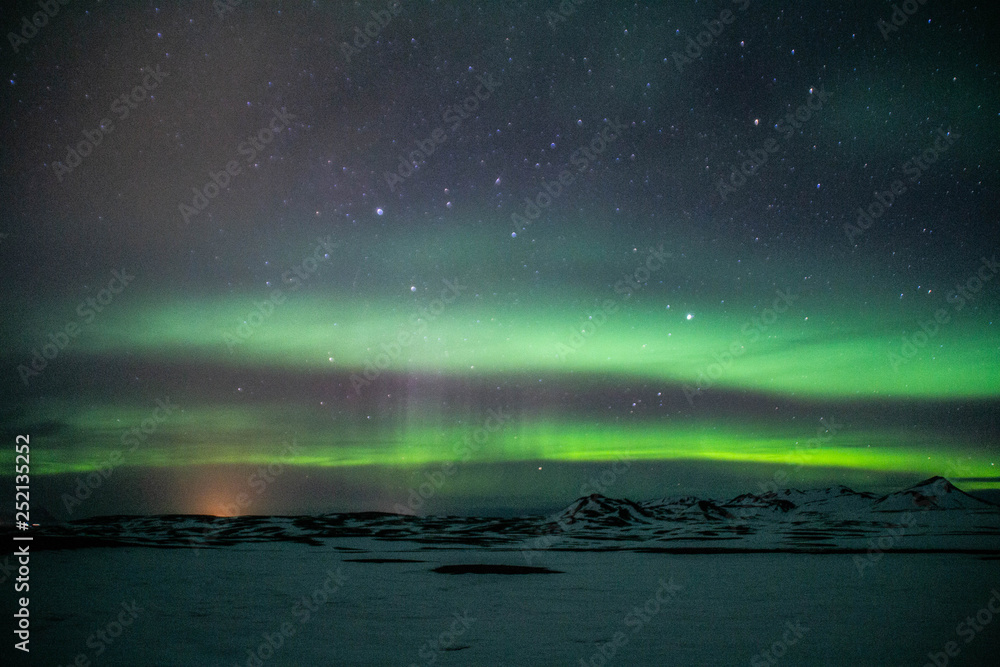 Winter scenic landscape night view of Aurora Borealis/Northern lights ...