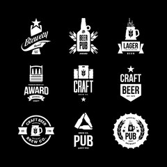 Wall Mural - Modern craft beer drink isolated vector logo sign for bar, pub, store, brewhouse or brewery. Premium quality mug, keg, bottle logotype emblem illustration set. Brewing fest t-shirt badge design bundle