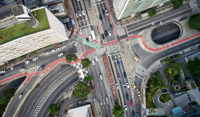 Fototapete - Sao Paulo, Brazil, top view of intersection between the Avenida Paulista and Consolacao street , crosswalk and cityscape.