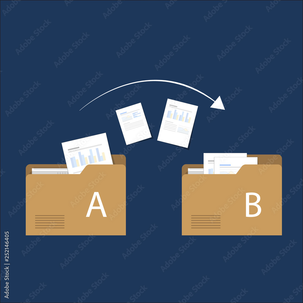 File transfer / Data Transfer Document, illustration transfer data/ copy file / sync 
 data / sharing file. illustration two folders on screen and transferred documents.