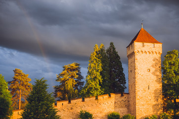 Wall Mural - Old city wall and towers with rainbow in Luzern, Switzerland