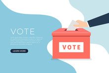 Businessman Hand Putting Voting Paper In The Ballot Box. Voting Concept In Flat Style Banner.