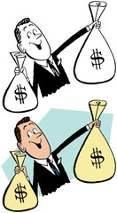 Wall Mural - A smiling businessman holding two large sacks of money.