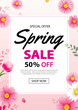 Spring sale poster banner with blooming flowers background template. Design for advertising, voucher, flyers, brochure, cover discount.