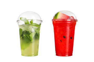 Delicious fruit smoothies in plastic cups, on a white background. Two mojito cocktails and watermelon flavors.