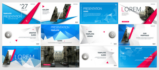 Wall Mural - Abstract white, blue presentation slides. Modern brochure cover design. Fancy info banner frame. Creative infographic elements set. Urban city font. Vector title sheet model. Ad flyer style template