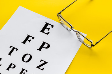 Poster - Eye examination. Eyesight test chart and glasses on yellow background