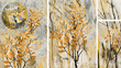 Collection of designer oil paintings. Decoration for the interior. Modern abstract art on canvas. Set of pictures with different textures and colors. Golden leaves on trees.Gray background.