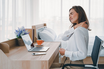 young women neck and shoulder pain injury with red highlights on pain area, healthcare and medical c