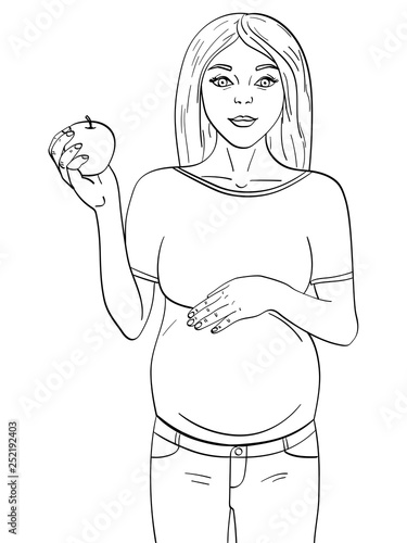 Children And Adult Coloring Black Lines White Background Pregnant Woman On The Ninth Month Holds An Apple In His Hand Stock Illustration Adobe Stock