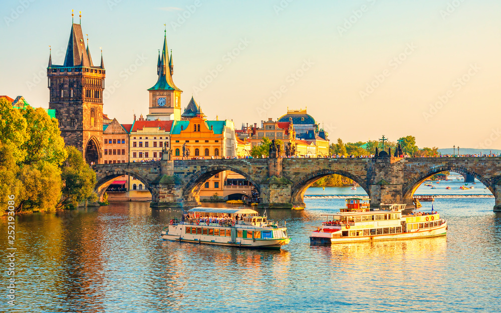 Charles Bridge and architecture of the old town in Prague, Czech republic. Vltava river. Landmarks of the Prague. Old town in Prague. - obrazy, fototapety, plakaty 