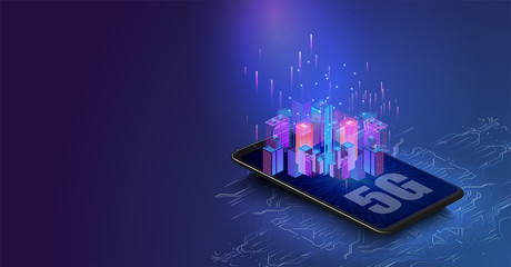 Poster - 	 5G new wireless internet wifi connection. Smart city or intelligent building isometric vector concept. Building automation with computer networking illustration