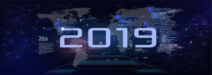Aufkleber - Modern futuristic template for 2019. New year 2019 in style HUD.Vector illustration for your design. Technology background. Futuristic user interface. HUD.