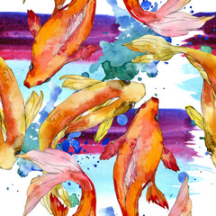 Wall Mural - Aquatic underwater colorful tropical goldfish set. Watercolor background illustration set. Seamless background pattern.