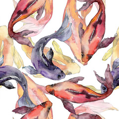 Aquatic underwater colorful tropical goldfish set. Watercolor background illustration set. Seamless background pattern.