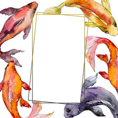 Wall Mural - Aquatic underwater colorful tropical goldfish set. Watercolor background illustration set. Frame border ornament square.