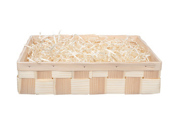 Wooden box for eco gift filled with decorative shredded white paper/straw. Isolated on white. Clipping path included.