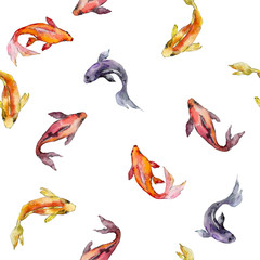 Wall Mural - Aquatic underwater colorful tropical goldfish set. Watercolor background illustration set. Seamless background pattern.