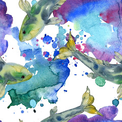 Spotted aquatic underwater colorful tropical fish set. Watercolor illustration set. Seamless background pattern.