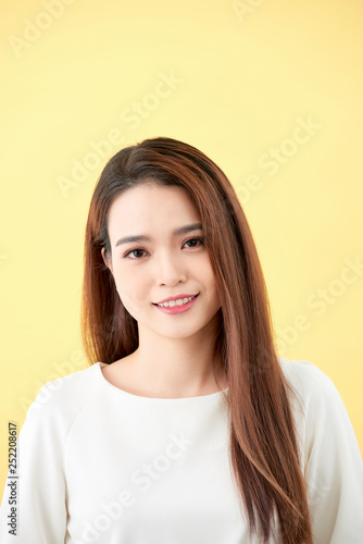 Asian Woman Smiling With Dimple Long Hair Black Eyes On