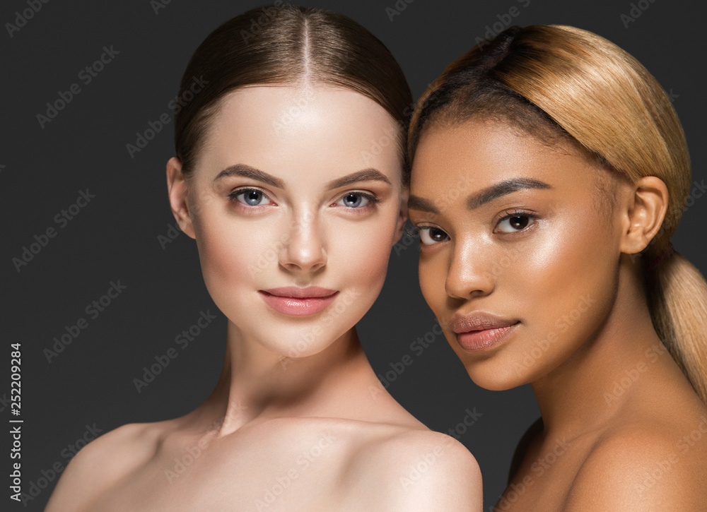 Women portrait mix races black skin and white skin female beauty - obrazy, fototapety, plakaty 