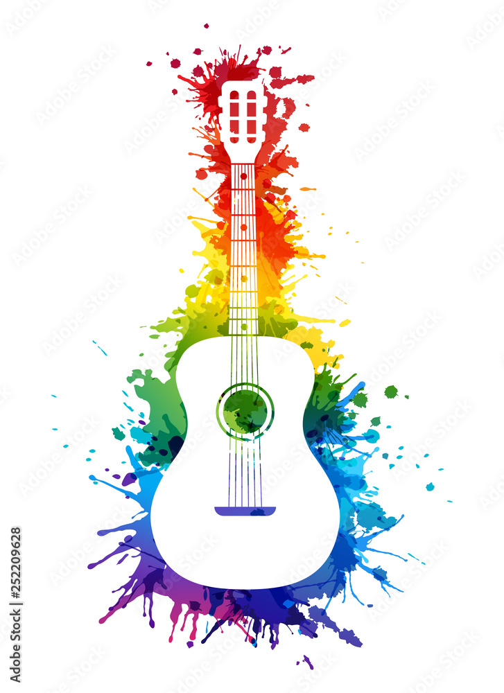 Creative rainbow musical illustration. Vector decoration element with white guitar silhouette and rainbow paint splashes - obrazy, fototapety, plakaty 