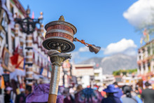 Hand Prayer Wheel In Jokhang Temple. The Characters Written (in Newari Language) On The Wheels Are The Mantras "Om Mani Padme Hum", Each Word Means "sacred, Bead, Lotus Flower, Spirit Of Enlightenment