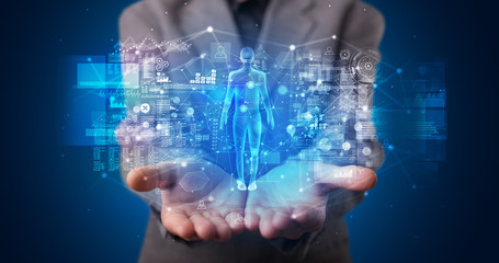 Poster - Young person holding hologram projection displaying health related graphs and symbols

