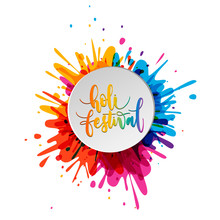 Happy Holi Lettering With Colorful Confetti And Paper Plate Frame. Indian Traditional Festival Of Colors. Hindu Spring Celebration Poster.