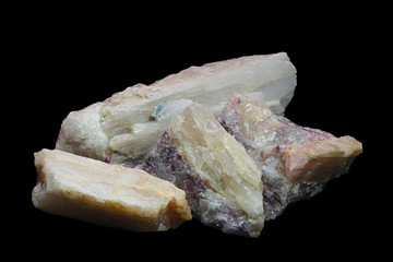 Crystals of major industrial lithium ore spodumene.   Sample from Haapaluoma lithium quarry in Finland.