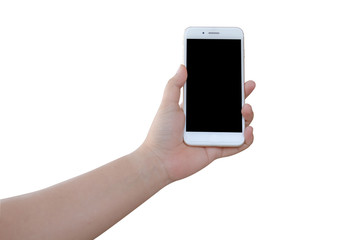 Wall Mural - Woman's hand holding smartphone on white background isolate with clipping path